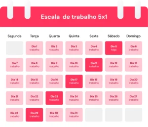 Imagem de uma escala de trabalho de 5x1, exibindo dias de trabalho e folga ao longo de um mês, com destaque para os dias de folga no sábado. O calendário detalha as operações diárias para facilitar a gestão de horários.