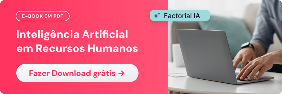 imagem em formato de banner, na cor rosa escrito o texto "E-book em PDF Inteligência Artificial em Recursos Humanos". Ao centro, uma imagem em ambiente de escritório, mostrando os braços de um homem em pé mexendo em um notebook em cima de uma mesa branca. Abaixo, uma faixa rosa escrito "Fazer download grátis"