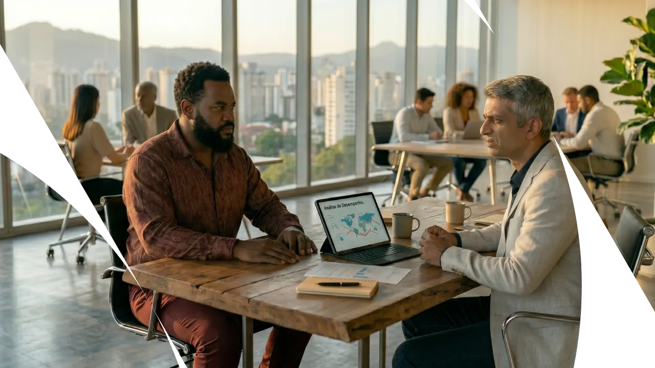 Dois profissionais sentados em uma sala de escritório com vista para a cidade, analisando um mapa em um tablet durante uma reunião de trabalho, com pessoas ao fundo