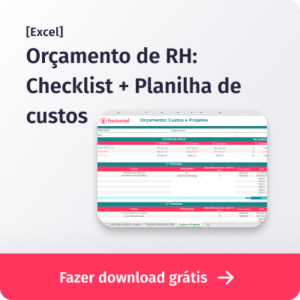 Imagem de uma planilha em Excel com o título 'Orçamento de RH: Checklist + Planilha de custos', destacando informações financeiras para gestão de recursos humanos.