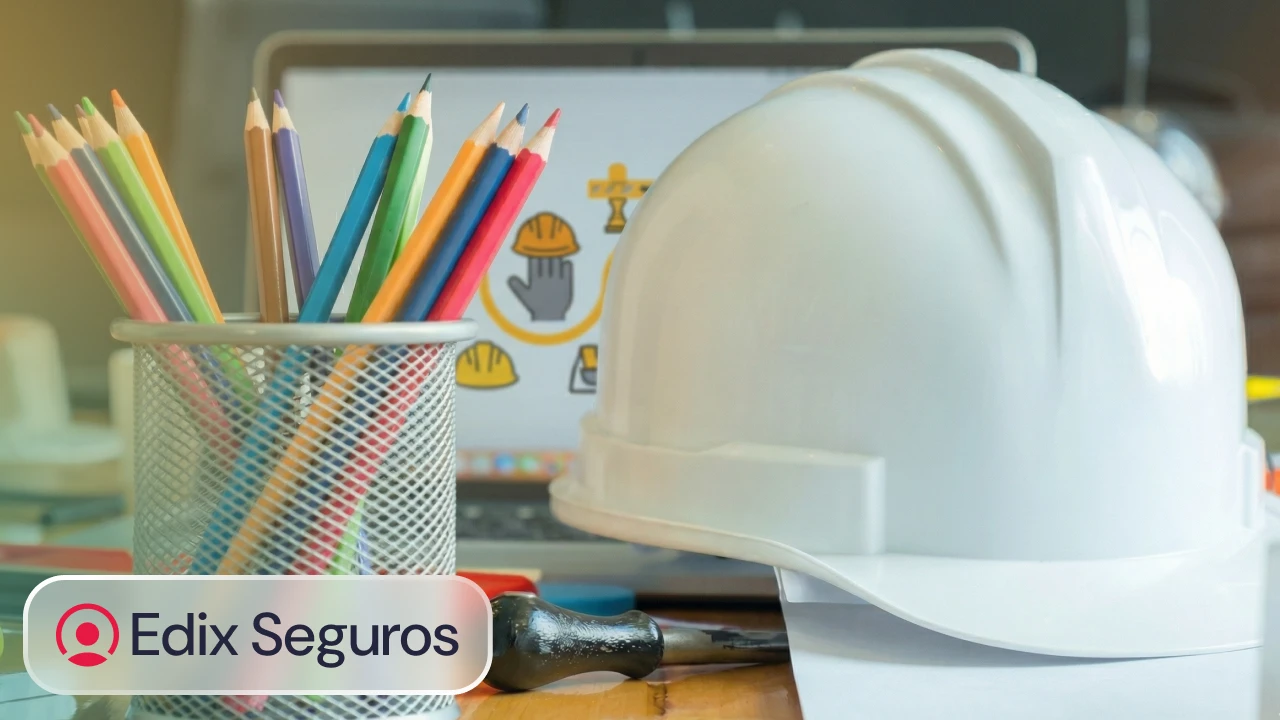 Imagem de capacete de segurança, lápis de cor, ferramenta de carpintaria e computador, relacionadas à área da construção civil e obras de engenharia.