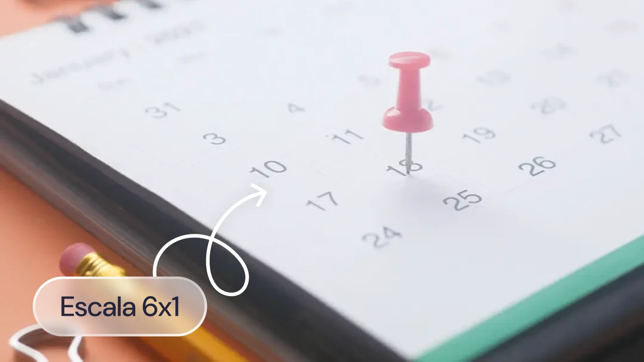 Calendário com uma agulha rosa marcando o dia 16, indicando uma escala 6x1, ideal para controle de atividades e planejamento.