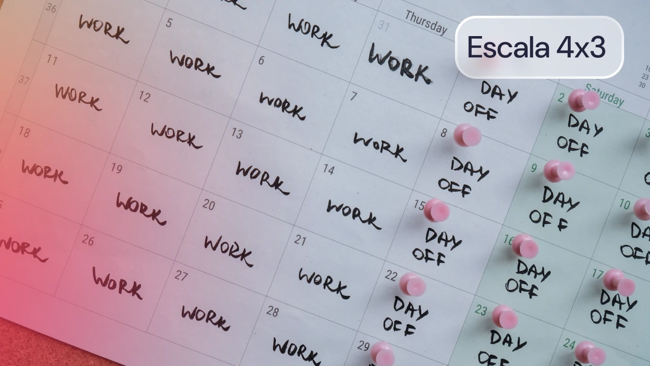 Planejamento semanal de trabalho em uma agenda, com marcações de dias de trabalho e folga, destaque para a escala 4x3, papel colorido e marcadores de luz.
