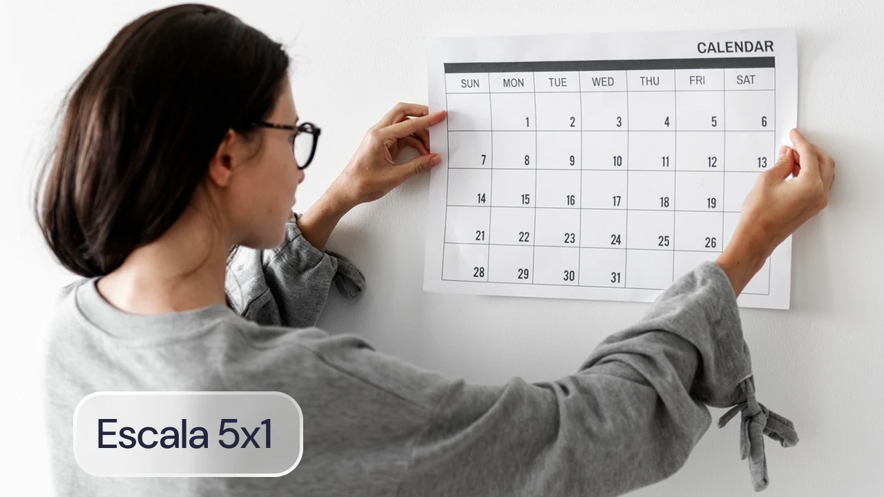 Pessoa ajustando um calendário de parede, ideal para planejamento mensal e organização. Fotografia clara e bem iluminada de uma mulher usando óculos.