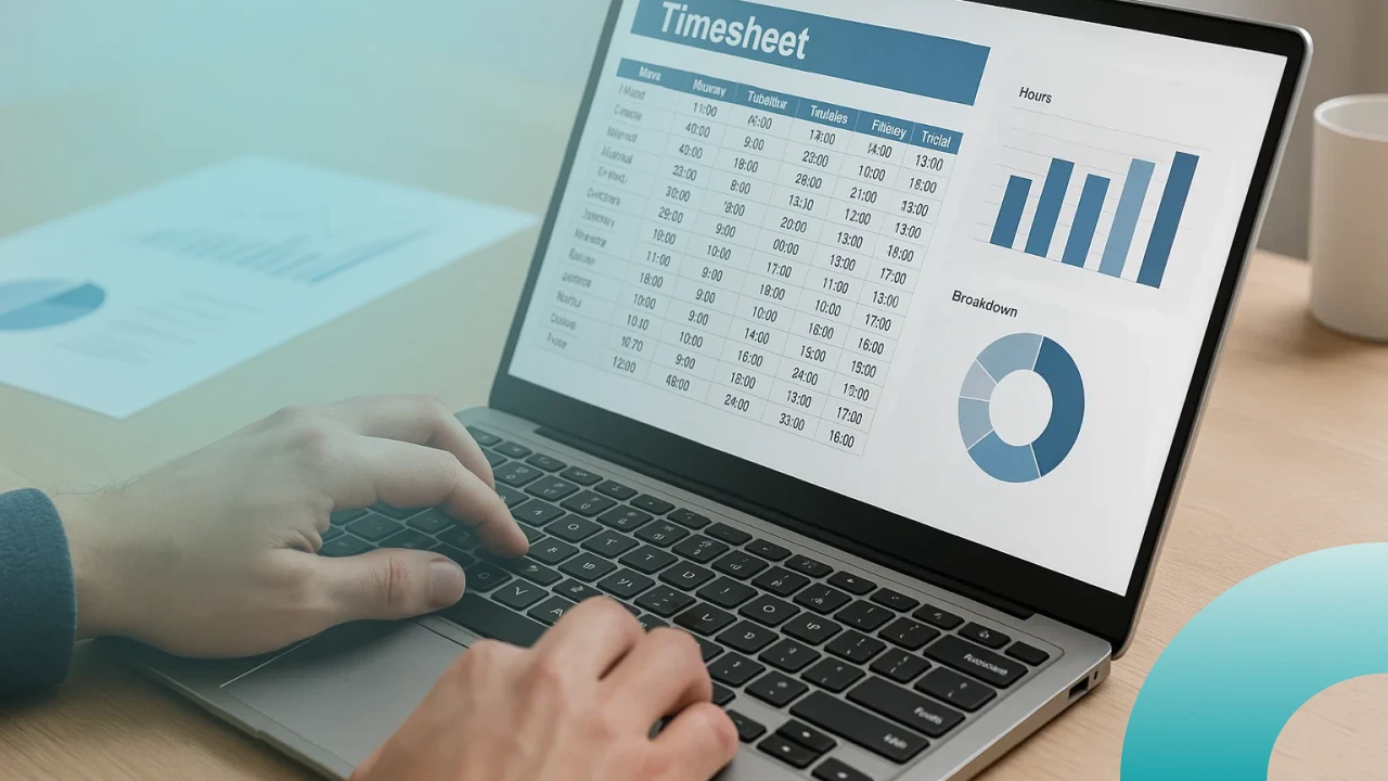Pessoa analisando planilha de timesheet no computador portátil, ilustrando controle de horas trabalhadas e produtividade empresarial.