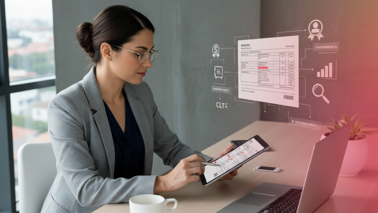 Profissional de tecnologia analisando uma fatura digital com gráficos e dados financeiros, usando tablet, em ambiente de escritório moderno, com foco em gestão financeira e tecnologia.