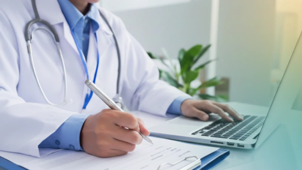 Profissional de saúde anotando informações em uma clínica, com computador portátil ao lado, destacando importância do cuidado médico na saúde.