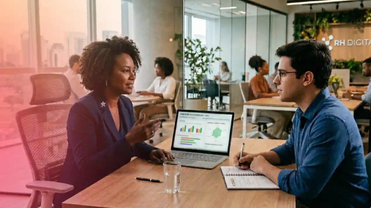 Reunião de negócios entre profissionais em escritório moderno com laptops, gráficos e troca de ideias.