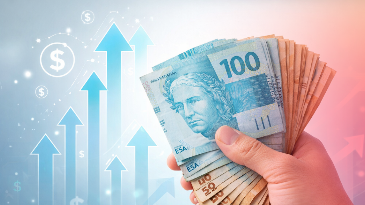 Imagem de uma mão segurando várias notas de dinheiro em euros, com setas ascendentes e símbolos de dólar ao fundo, representando crescimento econômico e investimentos.