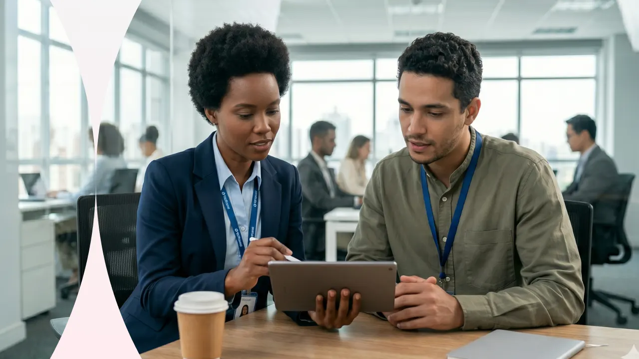 Dois profissionais em escritório corporativo analisam informações em um tablet durante uma conversa, enquanto trabalham em uma mesa com copo de café e crachás lógicos.
