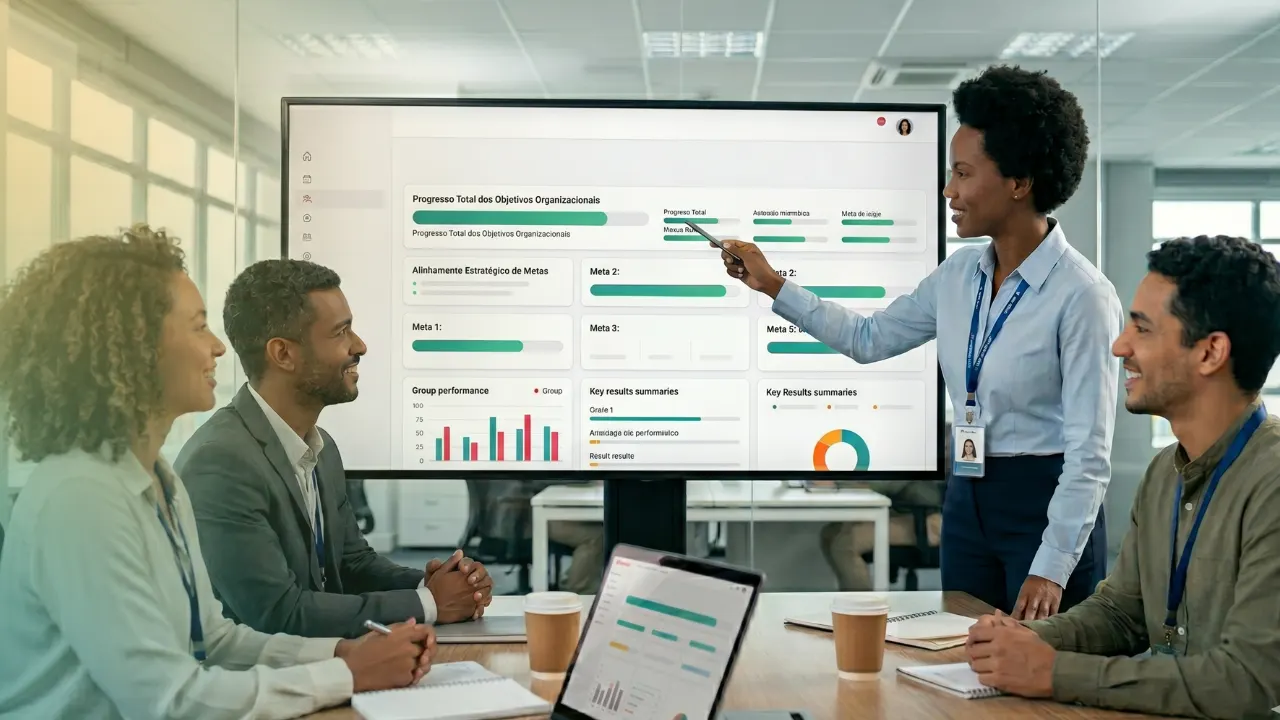Equipe em reunião em escritório com um monitor exibindo dashboards e gráficos de metas e progresso, enquanto uma profissional aponta informações na tela para colegas.