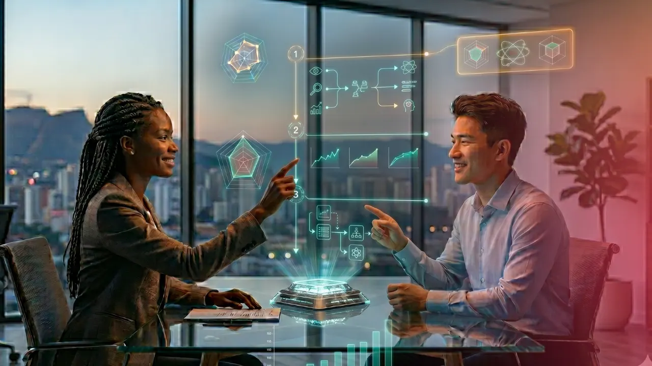 Dois profissionais conversam em uma sala de trabalho com uma mesa e janela ao fundo, enquanto uma interface holográfica exibe gráficos, ícones e fluxos de dados, sugerindo análise e tecnologia