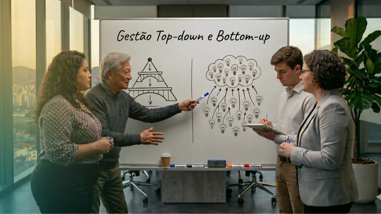 Equipe em reunião no escritório apresenta um quadro branco com o diagrama de gestão top-down e bottom-up, enquanto um homem aponta para o esquema e os demais discutem ideias com anotações.