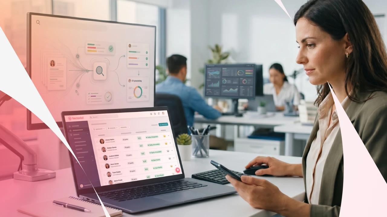 Mulher em escritório de tecnologia analisa um painel de software em monitores, enquanto utiliza o celular e trabalha em um computador com dados e gráficos na tela. Ambiente corporativo.