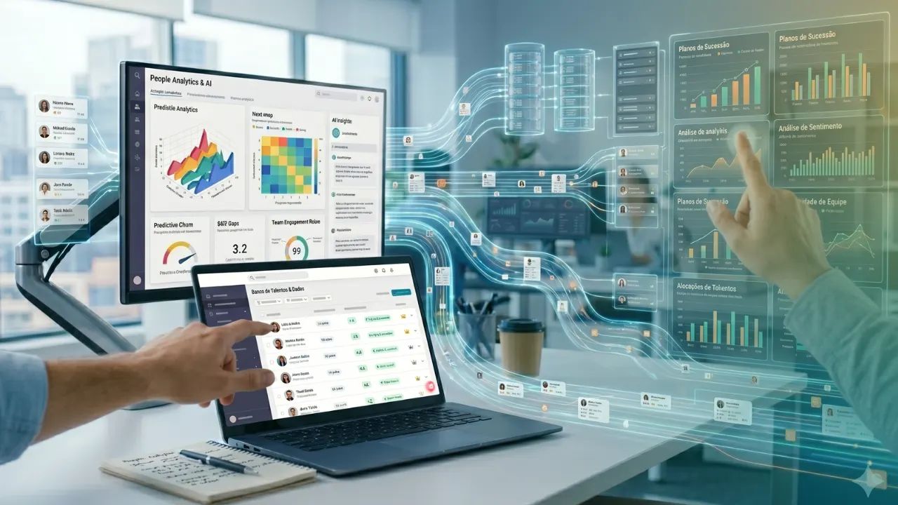 Pessoa analisando relatórios em um notebook com dashboards de analytics e inteligência artificial, enquanto gráficos e dados aparecem em painéis holográficos na tela, em ambiente corporativo