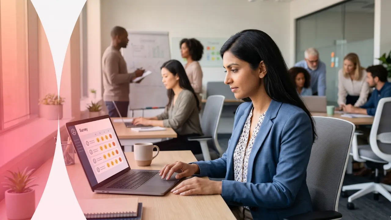 Mulher trabalhando em escritório com notebook aberto em reunião, enquanto colegas discutem ao fundo, ambiente corporativo colaborativo