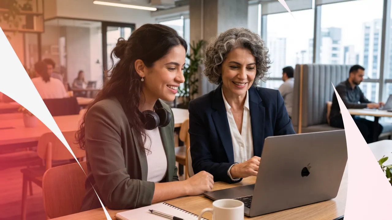 Mulheres em uma sala de escritório moderno conversam e analisam um laptop, enquanto trabalham em equipe. Profissionais sorriem durante uma reunião