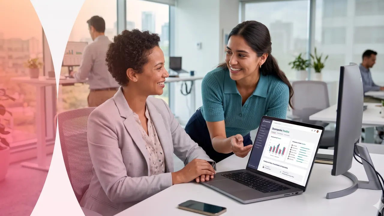 Duas pessoas em um escritório moderno, sorrindo enquanto conversam e analisam gráficos em um notebook, durante uma reunião de trabalho